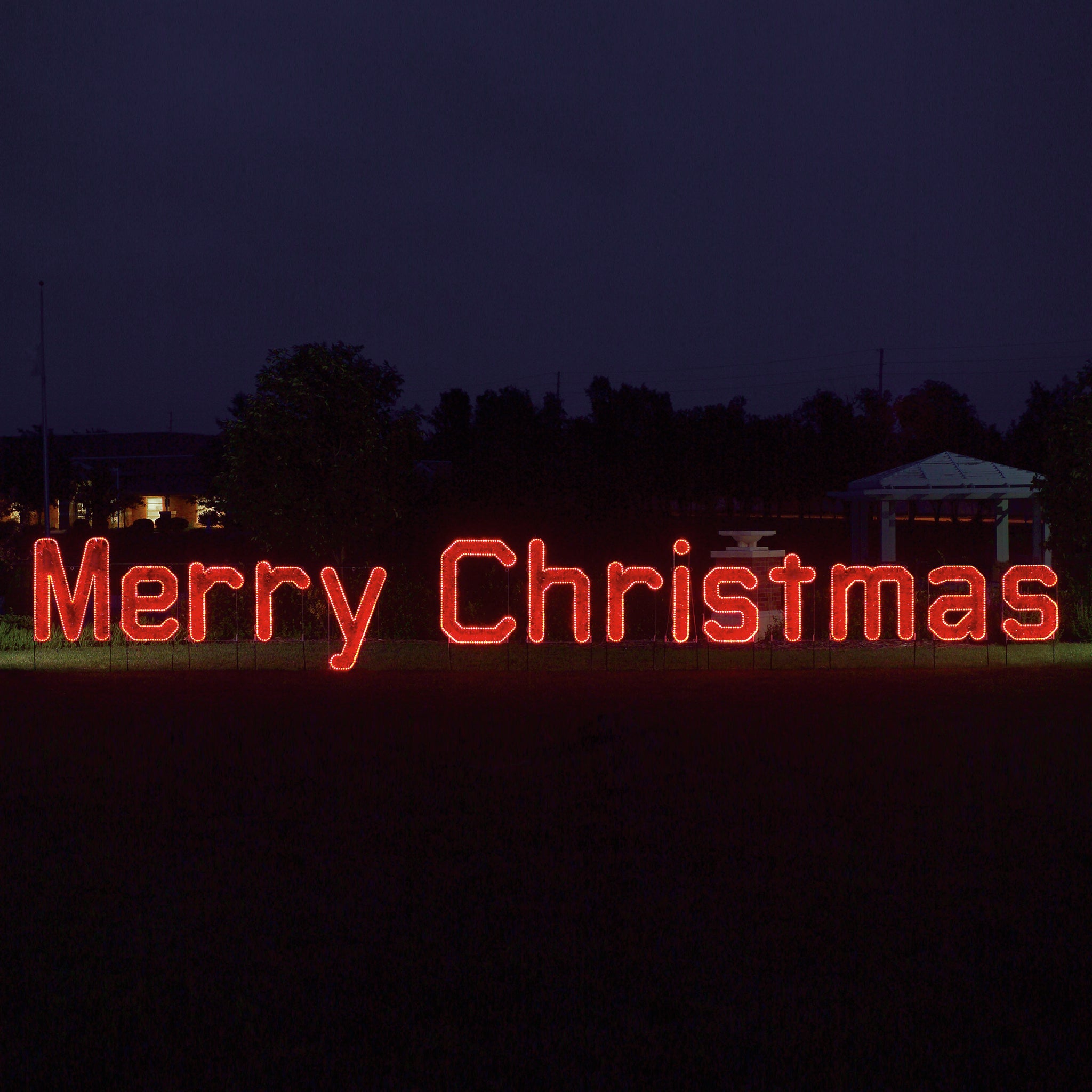 Large Merry Christmas in Red LED Lights and Garland, lighted outdoor motif, Holiday, traditional yard motifs