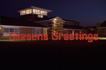 Seasons Greetings (Ropelight with Garland) - Red, Festive welcome sign, hung street motif, pole mount, banner holiday, Christmas decoration, outdoor, indoor, LED, bulb, lights, quality, durable, commercial-grade, light motif, religious, Christmas, holiday, aluminum, decoration, seasons greetings, sign, giant, life-sized