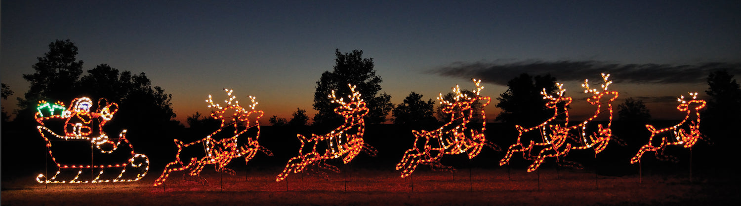 giant, life-size, commercial-grade, outdoor, Christmas, holiday, LED, bulb, lights, aluminum frame, quality, durable, motif, display, 2021, animated, reindeer, decoration, santa, sleigh, toys, bag of toys, santa&