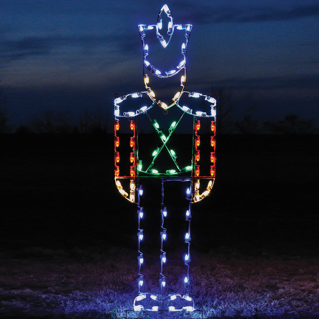 life size, life like, huge, large, soldier, nutcracker, display, aluminum frame, quality, commercial, white, red, green, blue, LED bulbs, yard motif