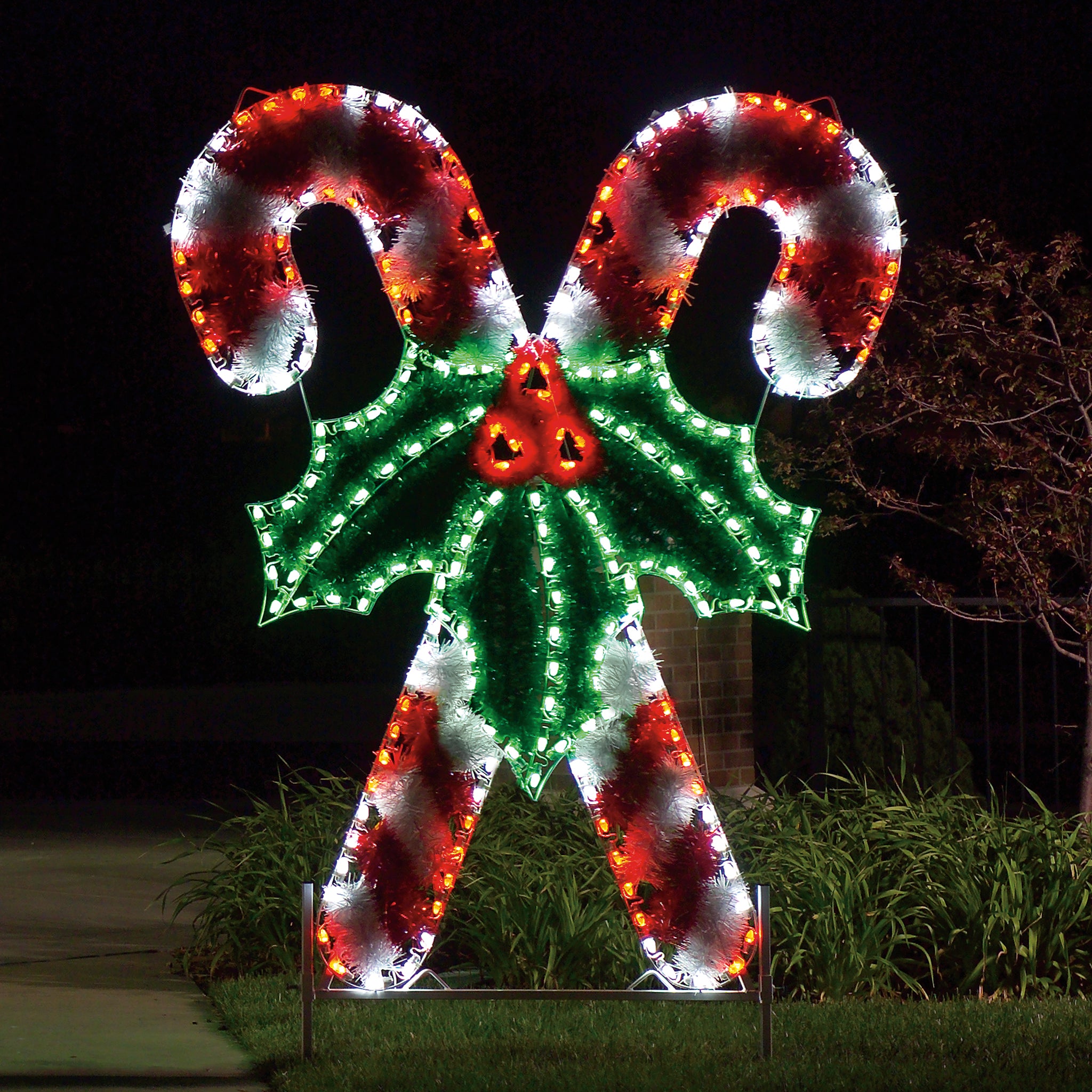 Life-size, giant, candy canes, red bulbs, green bulbs, holiday, traditional outdoor decoration, commercial grade, giant motif, aluminum frame,  UV-resistant PVC garland, HolidayLights.com 2021