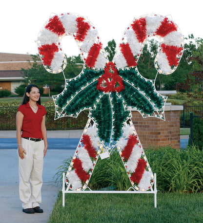 daytime view, life-size, giant, candy canes, red bulbs, green bulbs, holiday, traditional outdoor decoration, commercial grade, giant motif, aluminum frame, UV-resistant PVC garland, HolidayLights.com 2021