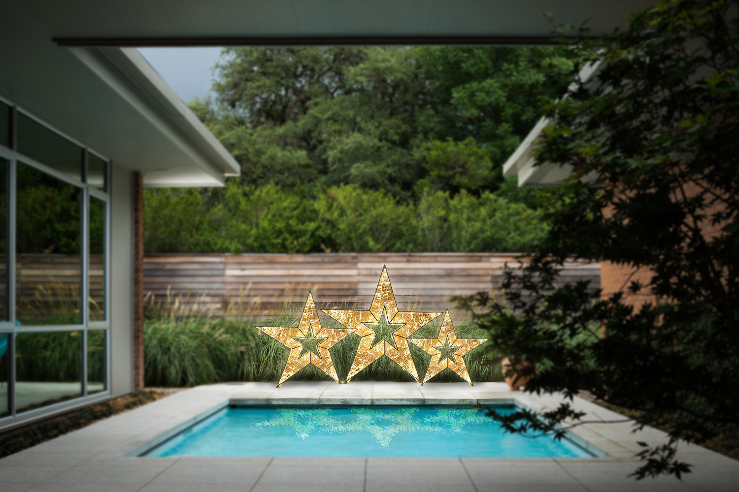 3D. star, motif, life-size, giant, huge, display, yard ornament, christmas, aluminum frame, durable, commercial grade, outdoor, warm white, gold frame, holiday, pool