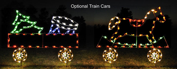 Christmas rocking horse flat car, train set, outdoor holiday decoration, animated, C7 LED Bulbs, aluminum frame, motif, holidaylights.com 2021