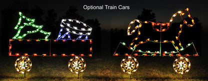 Christmas rocking horse flat car, train set, outdoor holiday decoration, animated, C7 LED Bulbs, aluminum frame, motif, holidaylights.com 2021